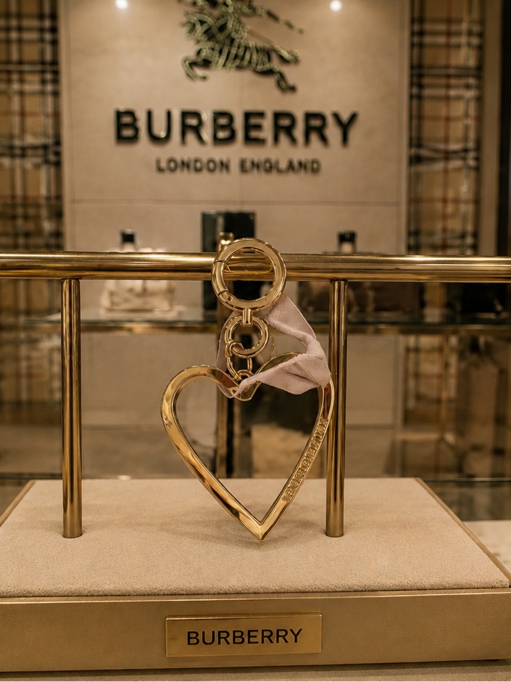 Burberry Gold Heart Key Holder with Pale  Ribbon Accent